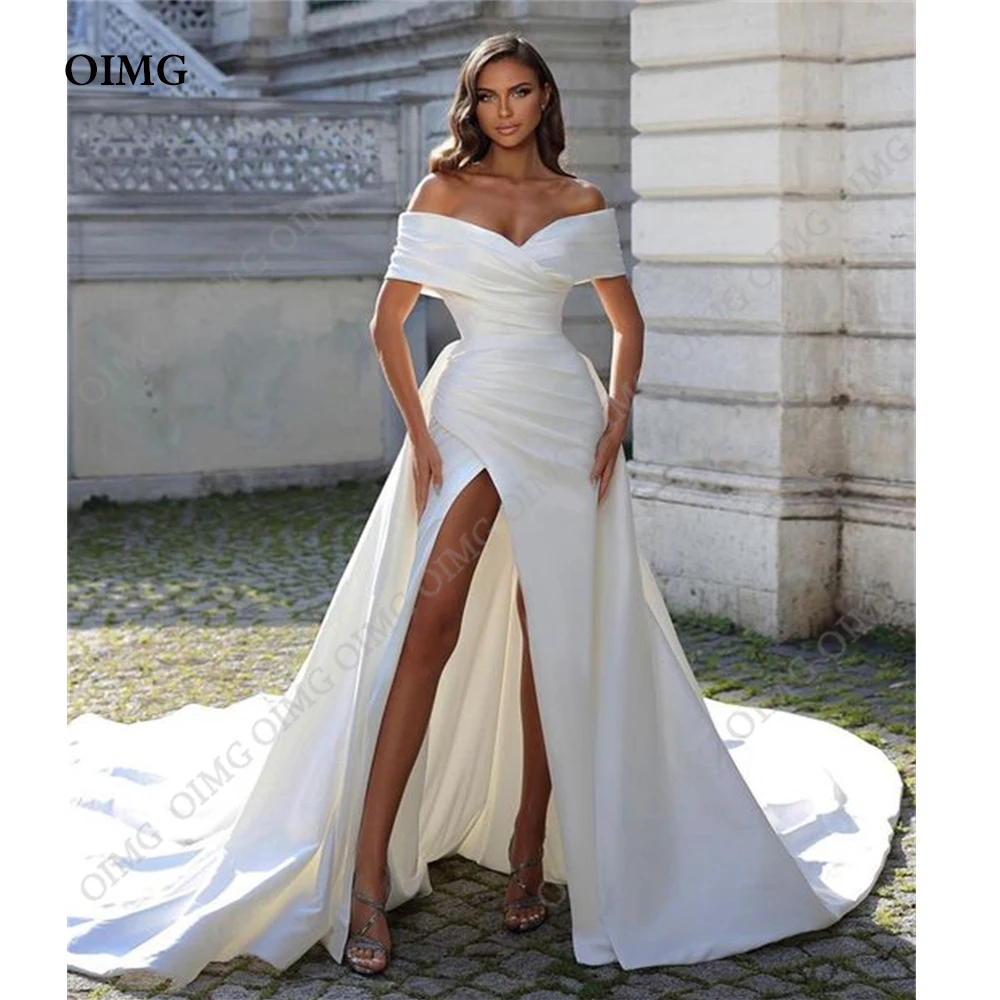 

OIMG Satin Long Side Slit Formal Wedding Dresses Gowns Off Shoulder Custom Queen Pricness Bride Bridal Gown Dress Vestidos