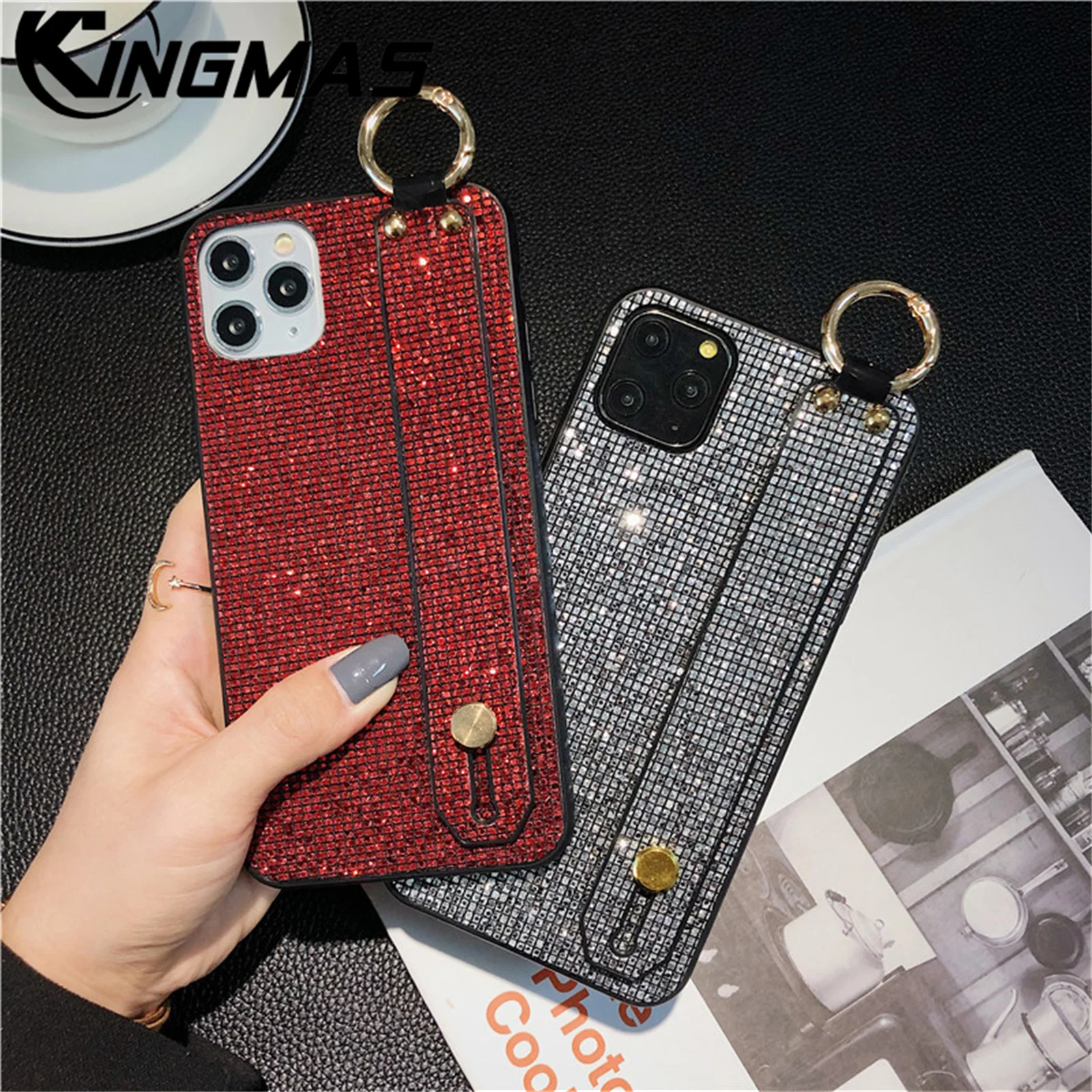 KINGMAS New Fashion Luxury Diamond Ring Glitter Soft Fabric Phone Case For iPhone 15 14 Plus Pro Max 13 12 11 Pro Max Mini Cover