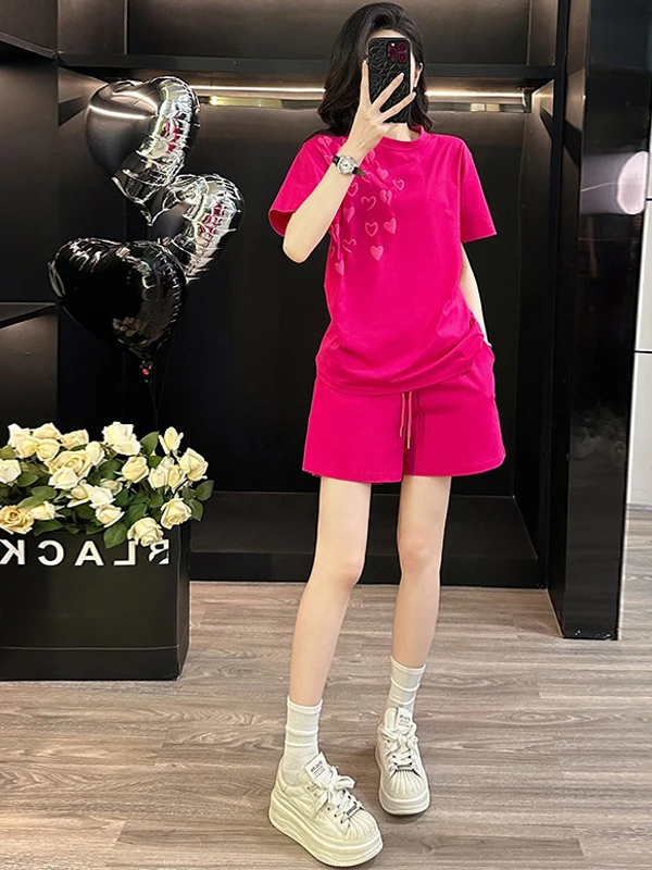 

Summer Sportswear Set Women's Dopaamine Fashionable Pink Short Sleeve T-shirt Shorts Two-piece Set Casual Street Style