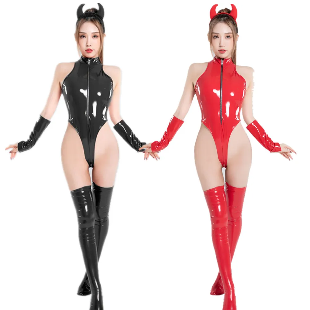 Pvc Wetlook Vinyl Bodycon Bodysuit Sexy Vrouwen Glanzend Faux Lederen Fetish Erotische Teddy Lingerie Latex Rits Catsuit Jumpsuit