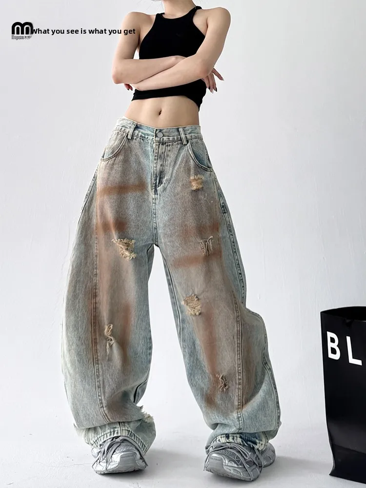 

Retro American Waed Denim Jeans High Street Sle Loose Dra Floor-Length Women's Faionable Summer Casual Wide Leg Pants