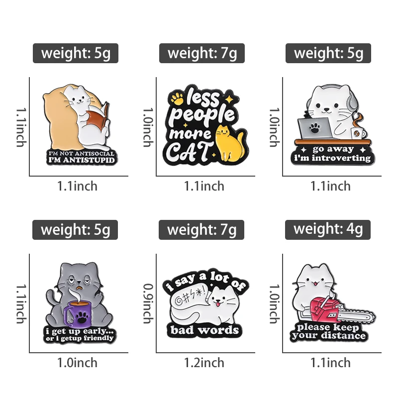 Cartoon Cat Enamel Pins Cute Animal Funny Phrase Brooches Lapel Badge Backpack Clothes Jewelry Accessories Gift for Friends