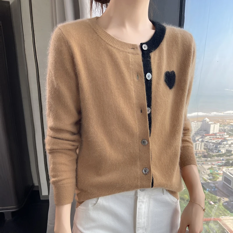 Autumn Winter New 100% Cashmere Sweater Women's Clothing Round neck Knitted Cardigan Fashion Korean Contrasting Color Hear Tops