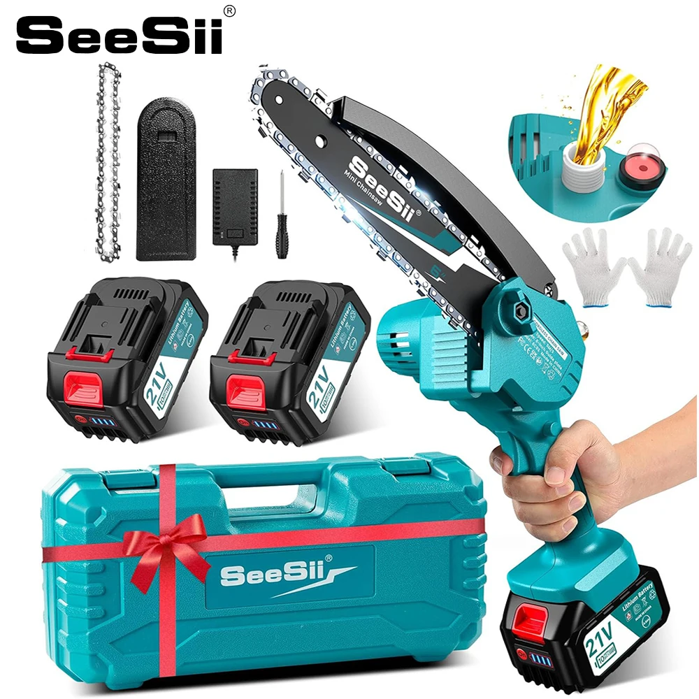 SEESII 6''Cordless Mini Chainsaw with 2pcs 4.0Ah batteries Electric Saw Rechargeable Woodworking Garden Pruning Saw Power Tools