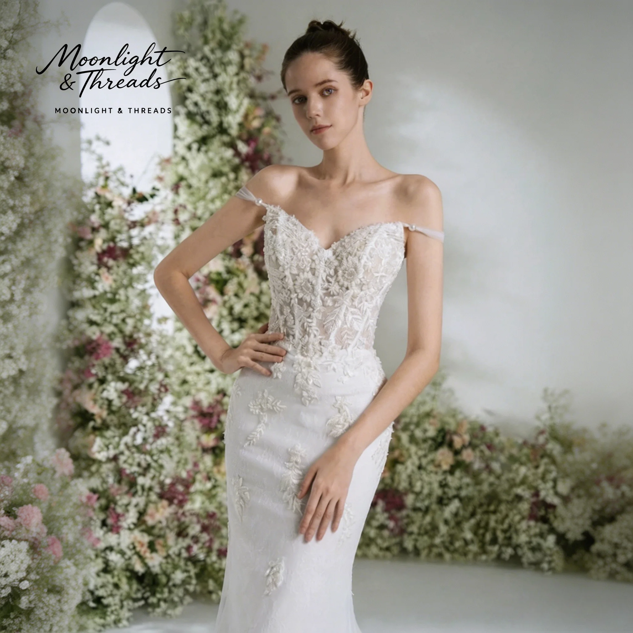 

White lace off-the-shoulder halter-neck mermaid-style formal wedding dress with boning and embroidery.