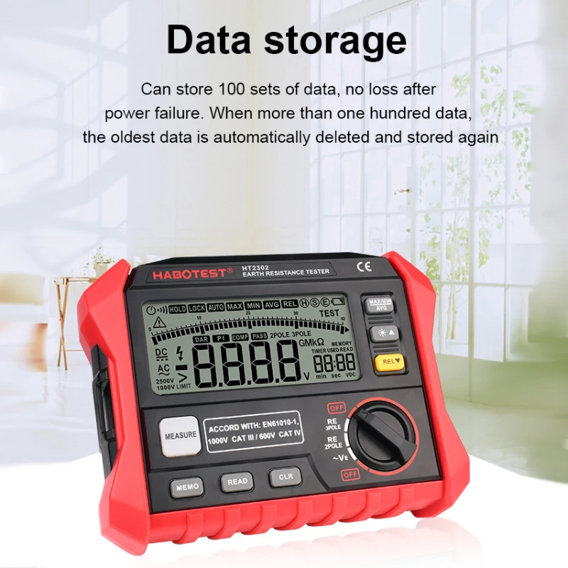 Earth resistance tester Ground Resistance Second-line Three-wire Store 100 sets of data Large screen Flexible button Upgraded