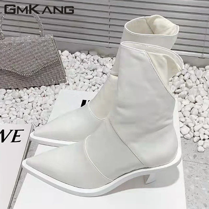 

New Arrival Kitten Heel Ankle Boots Women Black White Modern Boots Leather Patchwork Stretch Boots Woman Runway Shoes Women