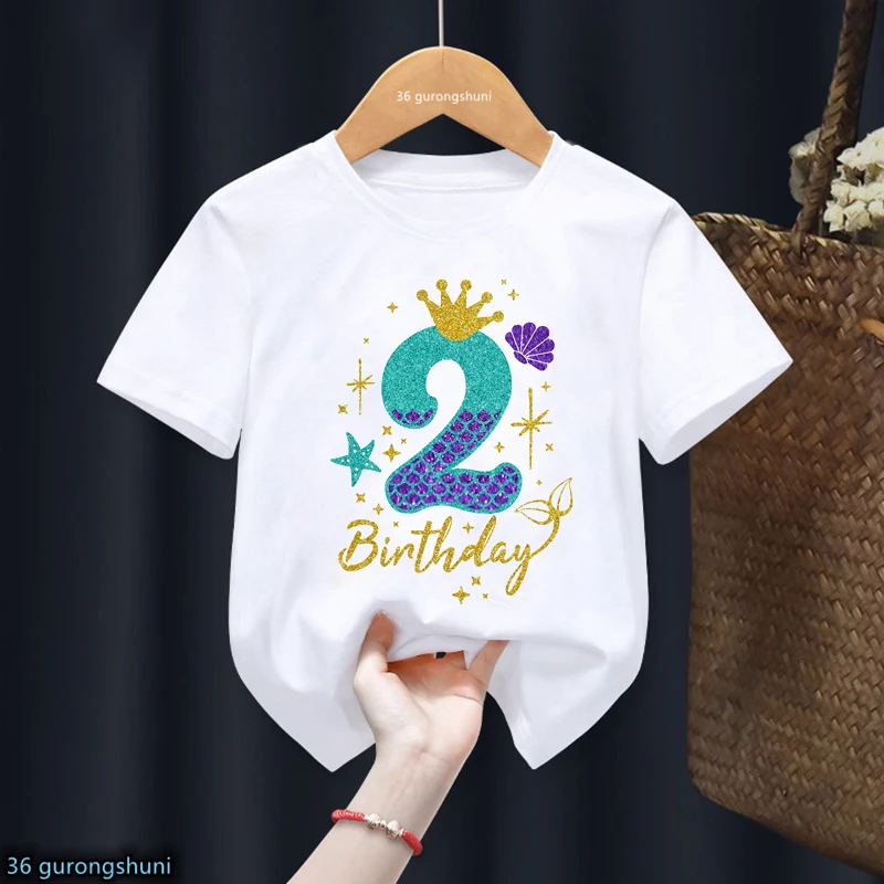 

2th Birthday Gift Tshirt For Girls Golden Mermaid Princess Crown Print T Shirt White/Pink/Gray/Blue Kids Clothes Summer T-Shirt