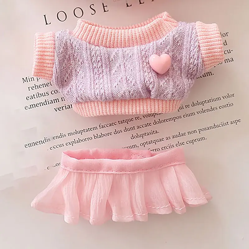 Vêtements de poupée en peluche faits à la main, couleur unie, chapeau décontracté, pull en tricot, jupe en fil, ensemble doux pour accessoires de vêtements Labubu de 17cm