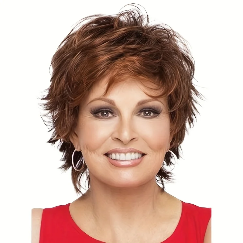 

1pc Fluffy Short Bangs Brunette Lady Wig, 10in Outward Curl Short Synthetic Wig, Popular Choice