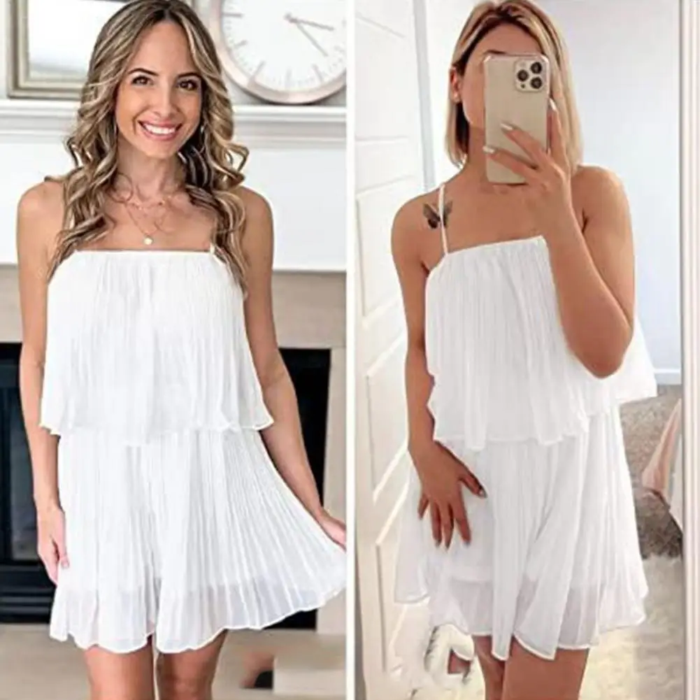 Women Romper Sleeveless Suspender Jumpsuit Layered Ruffle Hem High Waist Thin Woman Sling Wide Leg Shorts Playsuit