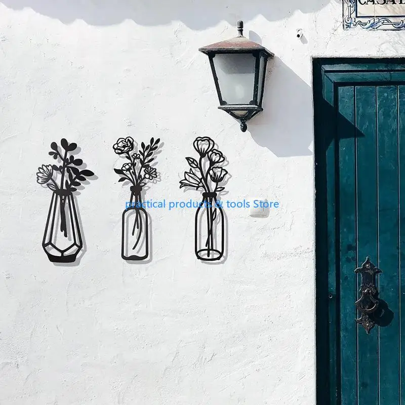 77JB 3 PCS Metal Flower Decor Decor Metal Wall Sulpture for Vaio Coalcony Black Metal Wall Decor
