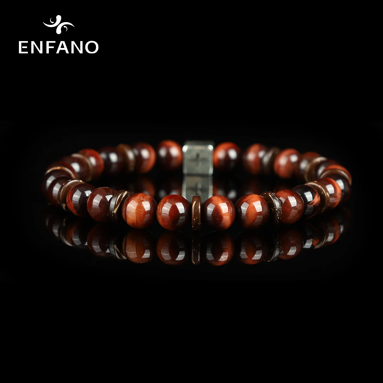 

ENFANO Red Tiger Eye Stone Bracelet 8mm Round Bead Bracelet Fashion Father Men Gift Size Name Text Personalized Custom Jewelry