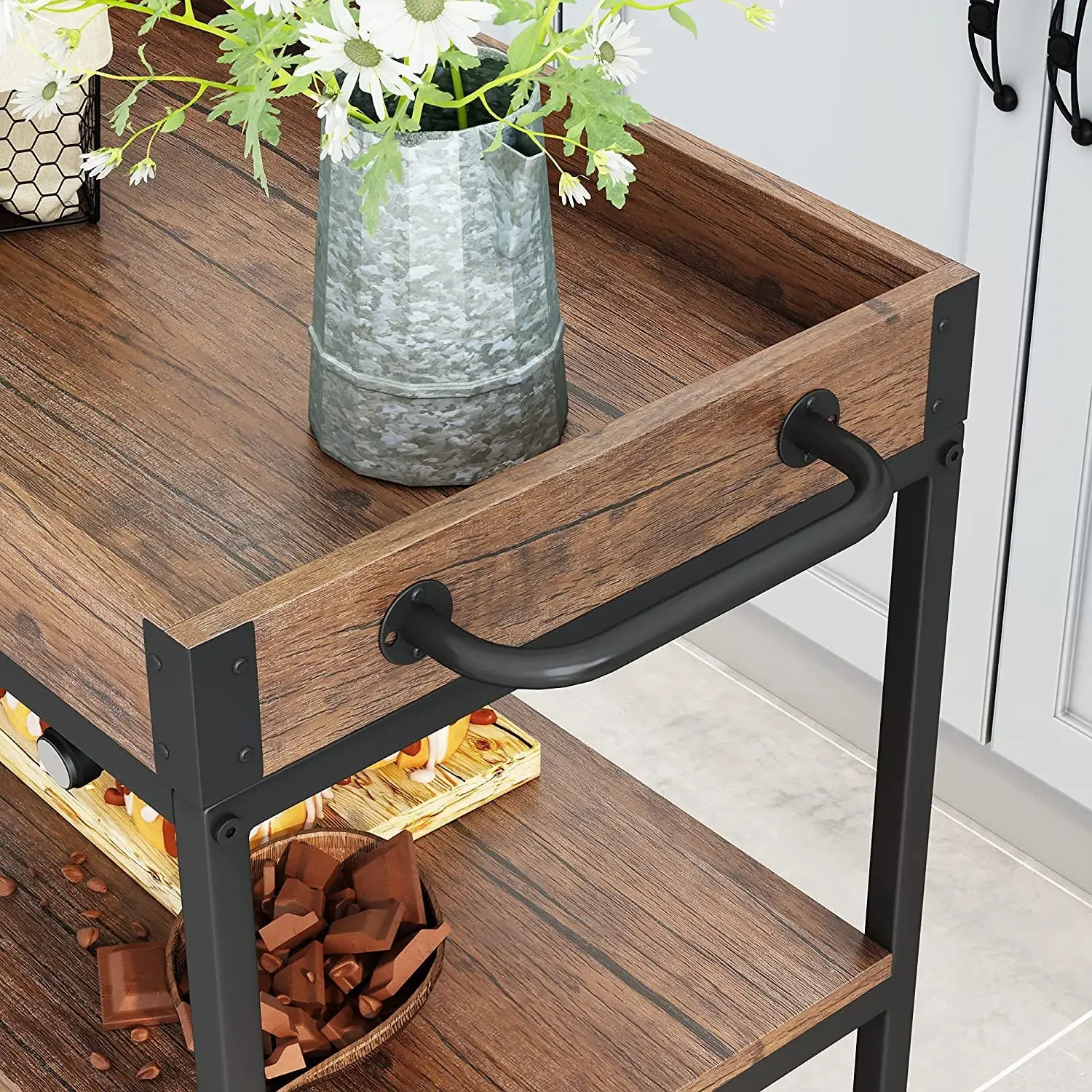 Bar Cart for Home Mobile Wood Metal Kitchen Serving Cart Storage Rolling Storage Cart with Drawers