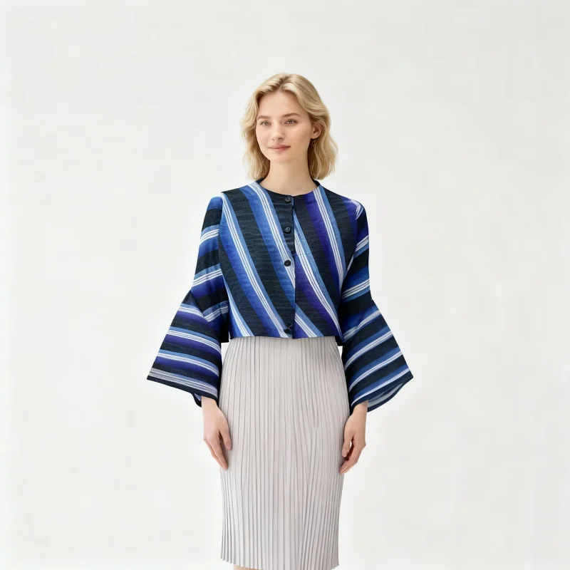 

Miyake Pleated Printed Cardigan Buttoned Flared Sleeve Shirt Tops