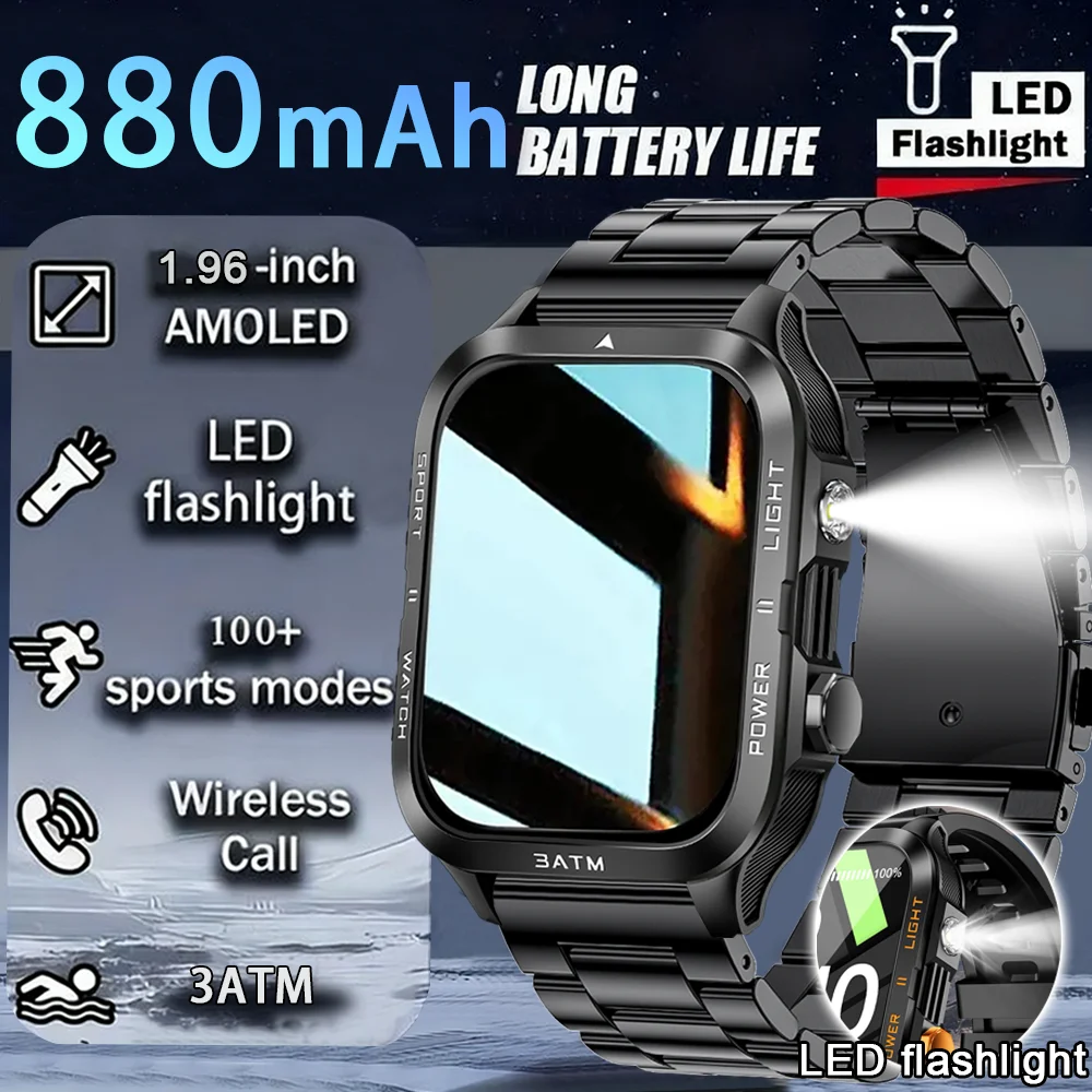 

2025 New Men Military Outdoor 880mAh Battery Smart Watch NFC Watches 3ATM Waterproof Swim 1.96-inch HD Bluetooth Call Smartwatch