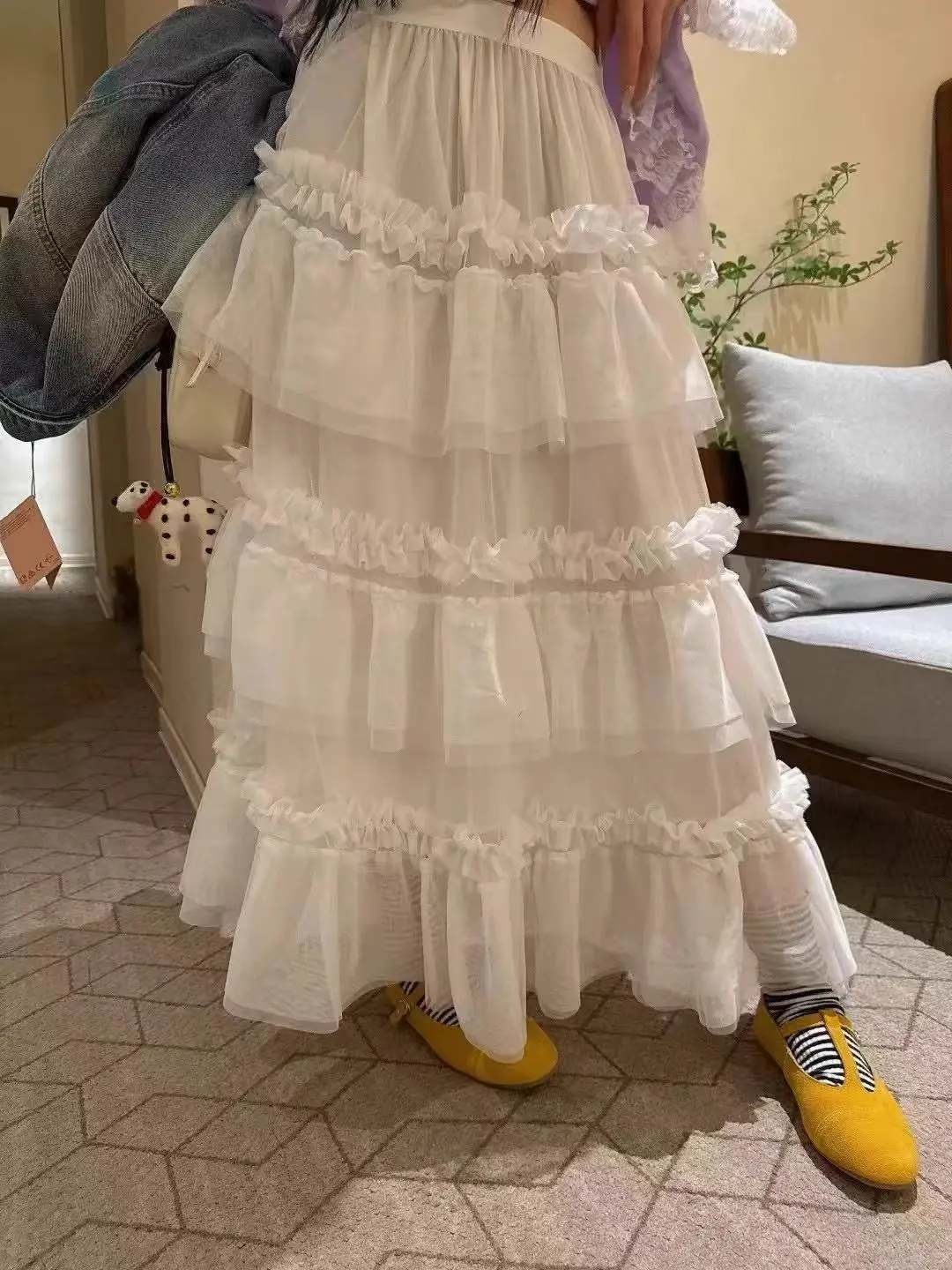 

Gagarich Lace Edge Mesh Cake Skirt for Women 2025 Spring New High Waist A-line Large Swing Half length Skirt Long Skirt