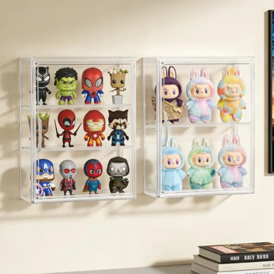 

3 Tier Acrylic Display Case for Figures, Wall-Mounted Clear Storage Organizer Box with 2 Movale Plates and Magnetic Door, Displ