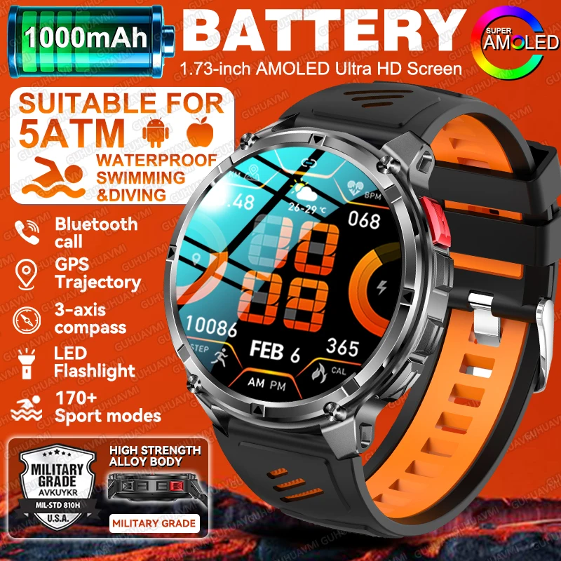

2025 New Durable 1100mAh Battery Smart Watch GPS Track AMOLED Compass 5ATM Waterproof Sport tracker Outdoors Military Smartwatch