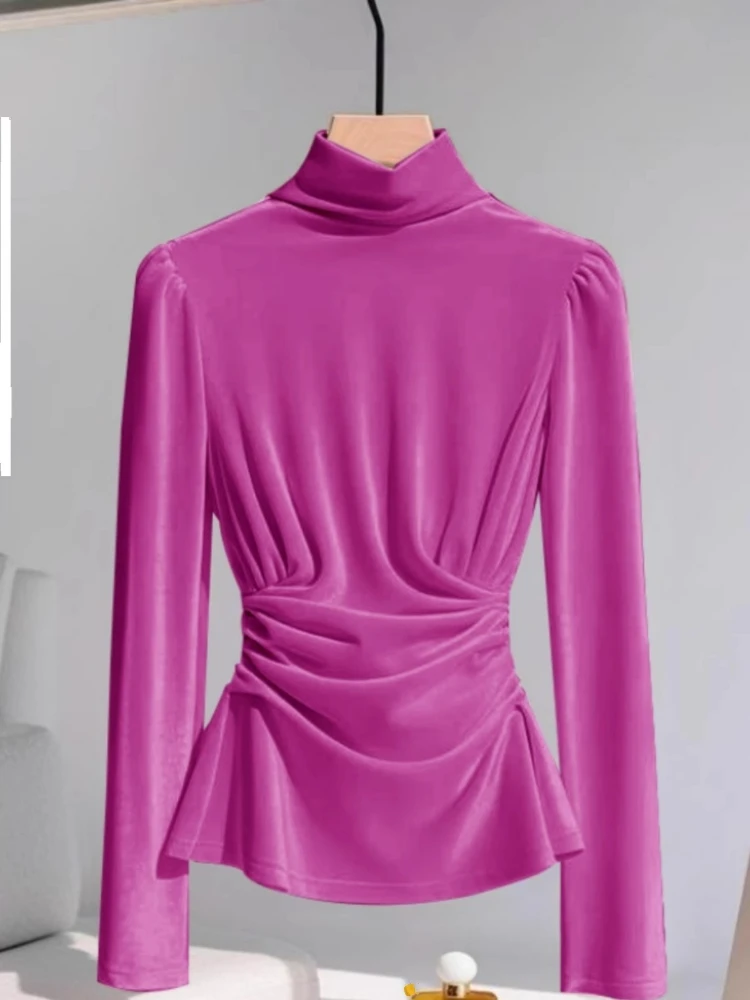 

French Small Fragrance Shirts Solid Color Pleated Slim Waist Design Tops Turtleneck Long Sleeve Blouses All Match Women Clothing