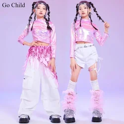 Girls K-pop Laser Crop Top Girdle Cargo Pants Street Dance Shorts Kids Hip Hop Shiny Streetwear Child Jazz Costumes Clothes Sets