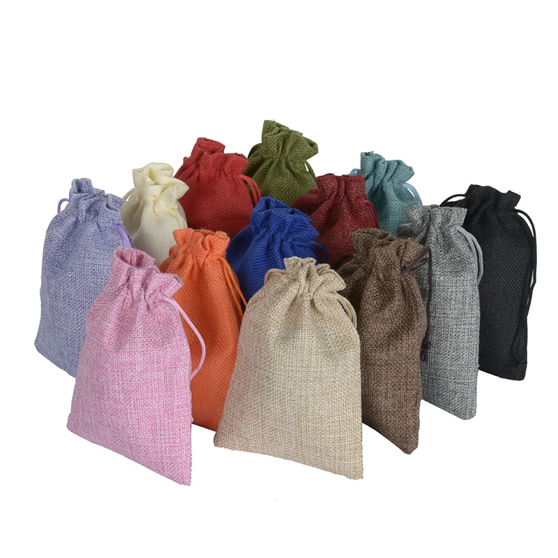 50 Pcs/lot Drawstring Linen Bags 7x9 9x12 10x14 13x18cm Wedding Party Christmas Gift Packaging Jewelry Pouches Customized Logo