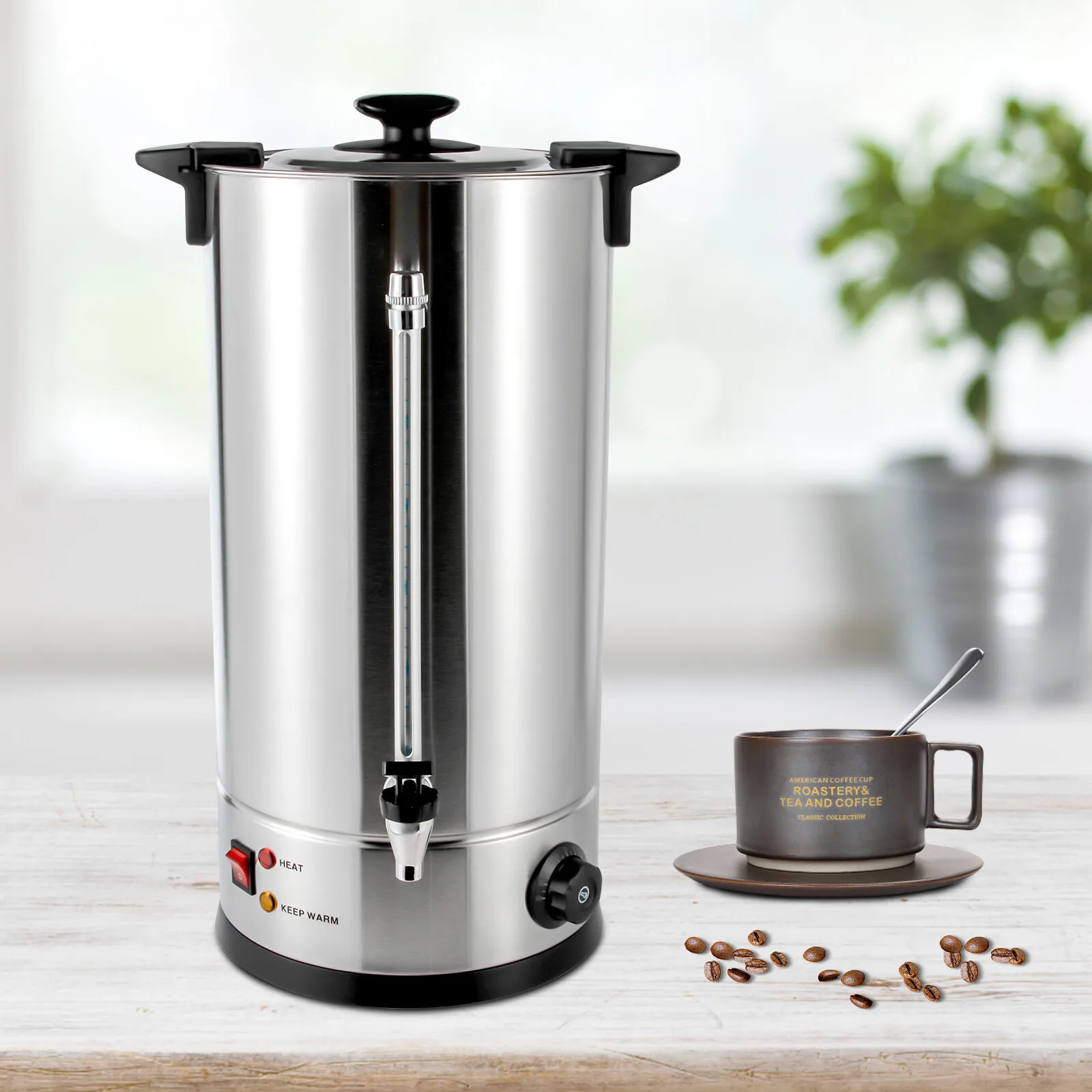 25L Commercial Grade 304 Stainless Steel Double Layer Anti‑scald Coffee Urn, Office Party Wedding Use, 30‑110°C Adjustable Temp 110V 1.4KW Anti-Dry Burning Hot Water Dispenser for Commercial & Home