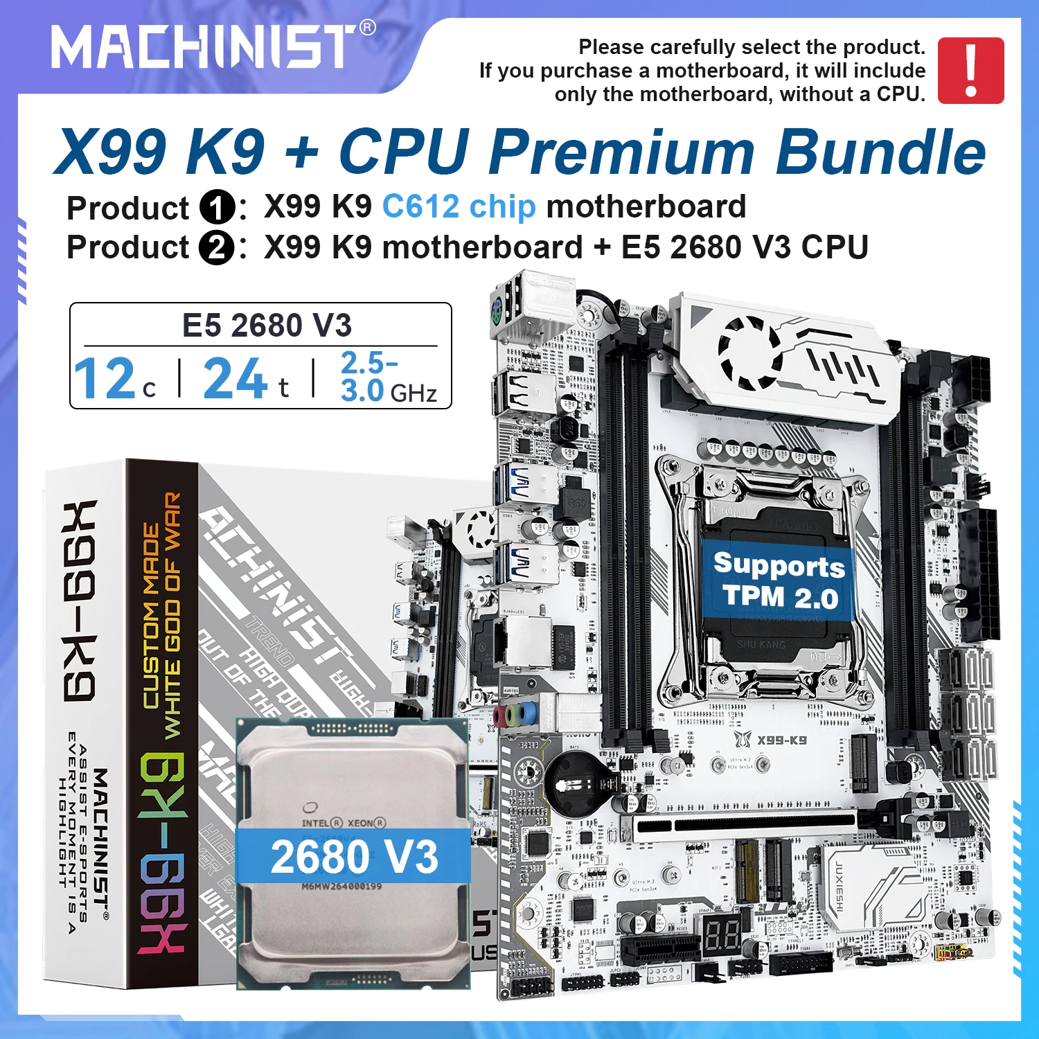 MACHINIST K9 X99 Motherboard LGA2011-3 Optional Kit Xeon E5 2680 V3 CPU Processor Support DDR4 Memory and Dual M.2 NVME M-ATX