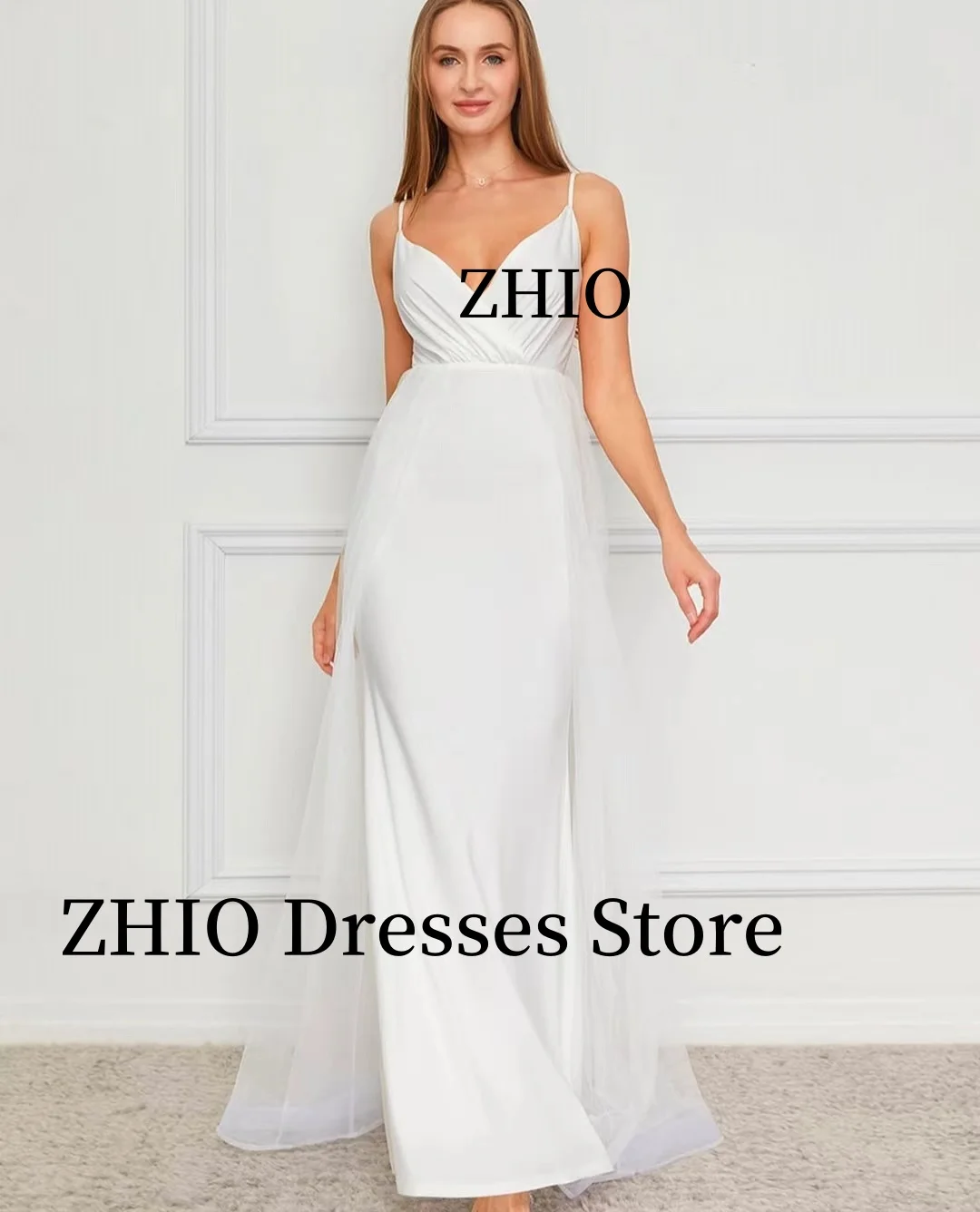 ZHIO エレガントなティアードウェディングドレス スパゲッティストラップ Vネック フロアレングス ブライダルドレス イブニングパーティードレス カスタマイズ エレガント