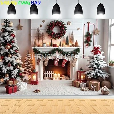 

Christmas Day New Year Party Photography Backdrops Prop Window Living Room Interior Xmas Tree Snow Theme Photo Background FN-69