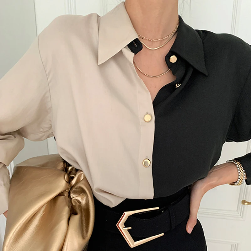 

Vintage Patchwork Shirt for Women Loose Long-sleeved Shirt Casual Tops Korean Style Clothing Office Lady