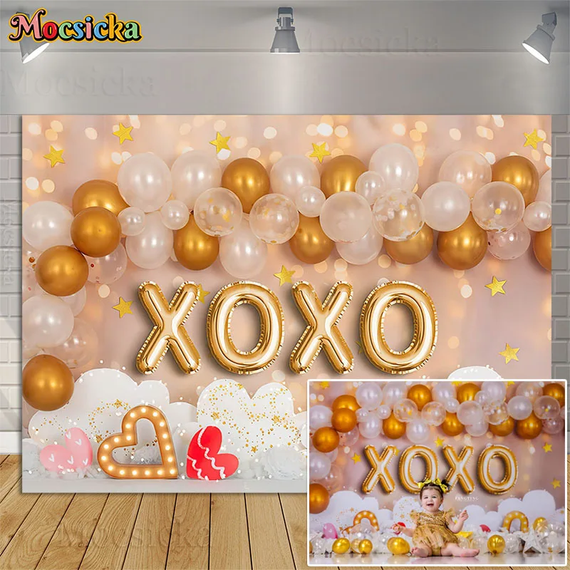 Arrière-plan de photographie d'enterrement de vie de garçon, coeur, chapiteau, lumières, ballon doré, XOXO, arrière-plan de portrait de Leon, 14 février, Photocall