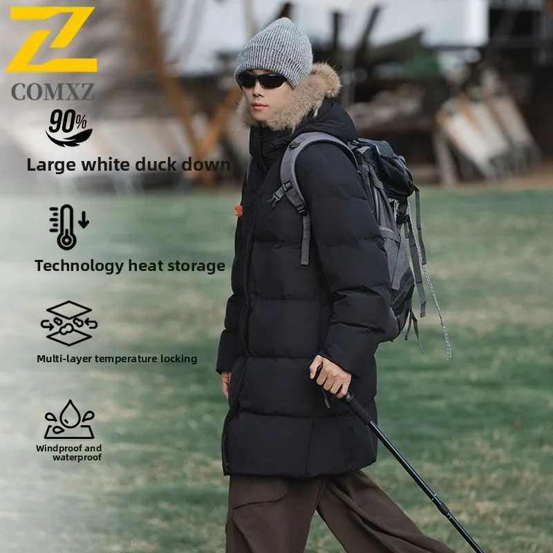 

Brand Mens Long Down Jacket 90% Duck Down Thick Warm Parka Fur Collar Hooded Outdoor Exploration Windproof Winter Padding Coat