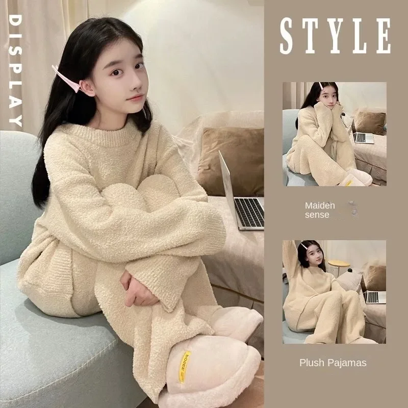 Pajamas Female Wintertime New Style Advanced Solid Color Thickening Type Warm Home Set Comfort Sweet Maiden Knit Long Sleeve