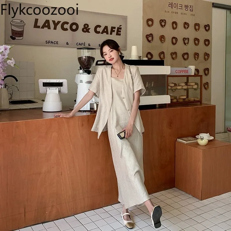 

Solid Sleeveless A-line Loose Camisole Dress Women Short Sleeve Straight Suit Coat Summer Lady Elegant Two Pieces Outfit