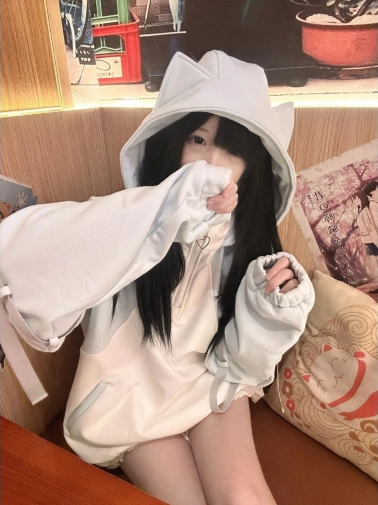 เสื้อฮู้ดดี้ลายหูแมวสไตล์ญี่ปุ่นสีตัดกัน น่ารัก สไตล์ Y2K แนวสตรีทลำลอง ทรงโอเวอร์ไซส์ สำหรับผู้หญิง สไตล์ฮาราจูกุ เสื้อฮู้ดดี้ซิปสำหรับฤดูใบไม้ร่วง