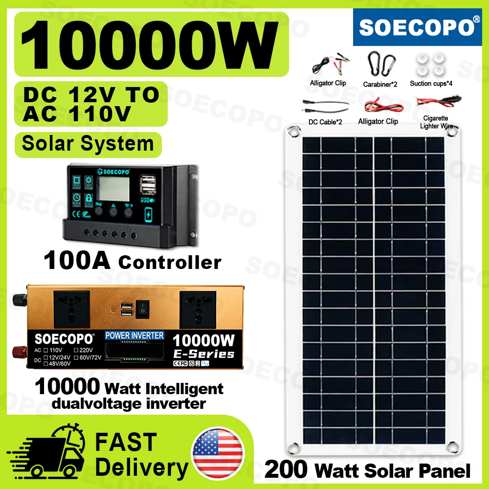 

(U.S Stock) SOECOPO 10000W Solar Generator Kit: Dual Volt DC 12V/24V To AC 110V Inverter 100A Controller 200W Panel Home Camping