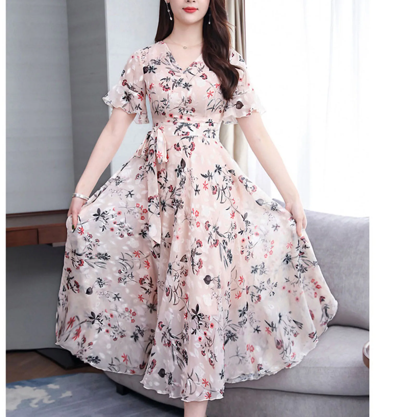 Ladies Elegant Party Dress V-Neck Short Sleeve Fashion Skirt Long Dress Floral Printed Summer Dress Vestidos De Mujer 2024 New