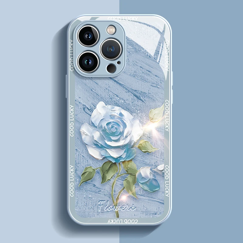 Luxury Oil Painting Flower Metal Paint Glass Shell For iPhone 15 14Plus 13 12 11Pro Max X XS XR Fashion Anti-fall Phone Case New