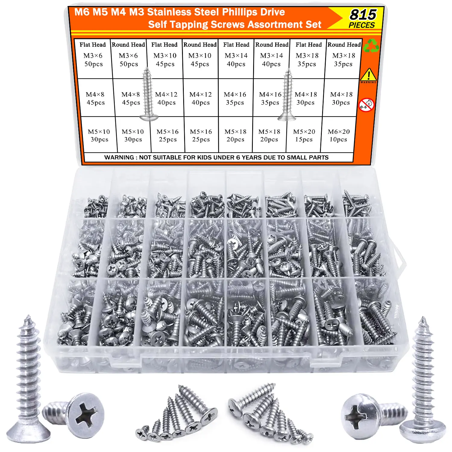 815pcs 304 Stainless Steel Phillips Wood Screws Kit, M3 M4 M5 M6 Self Tapping Set, Truss/Flat/Pan Head for Deck Drywall Metal