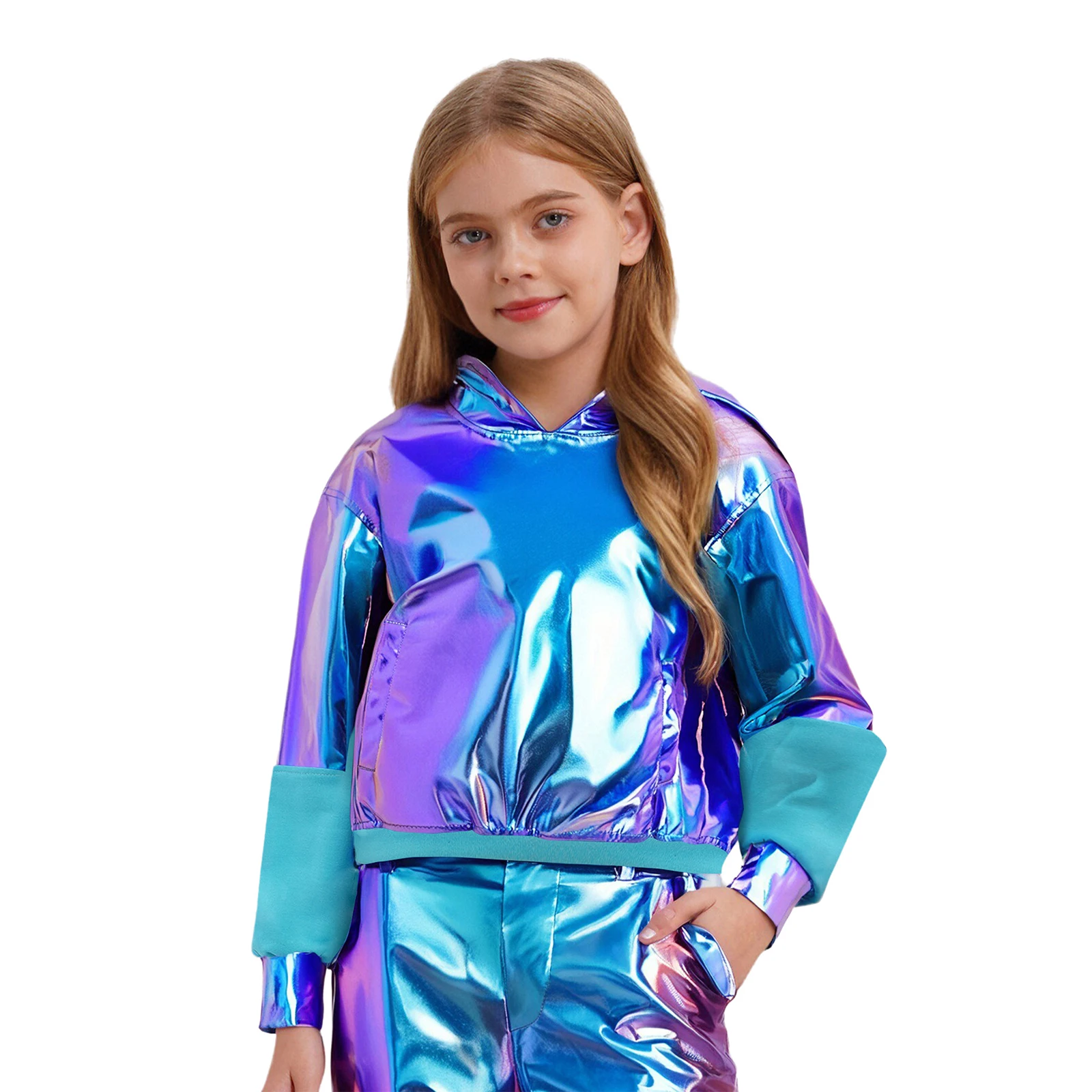 

Unisex Kids Boys Girls Patchwork Metallic Hoodie Long Sleeve Shiny Hooded Pullover Sweatshirt for Jazz Dance Stage Performance