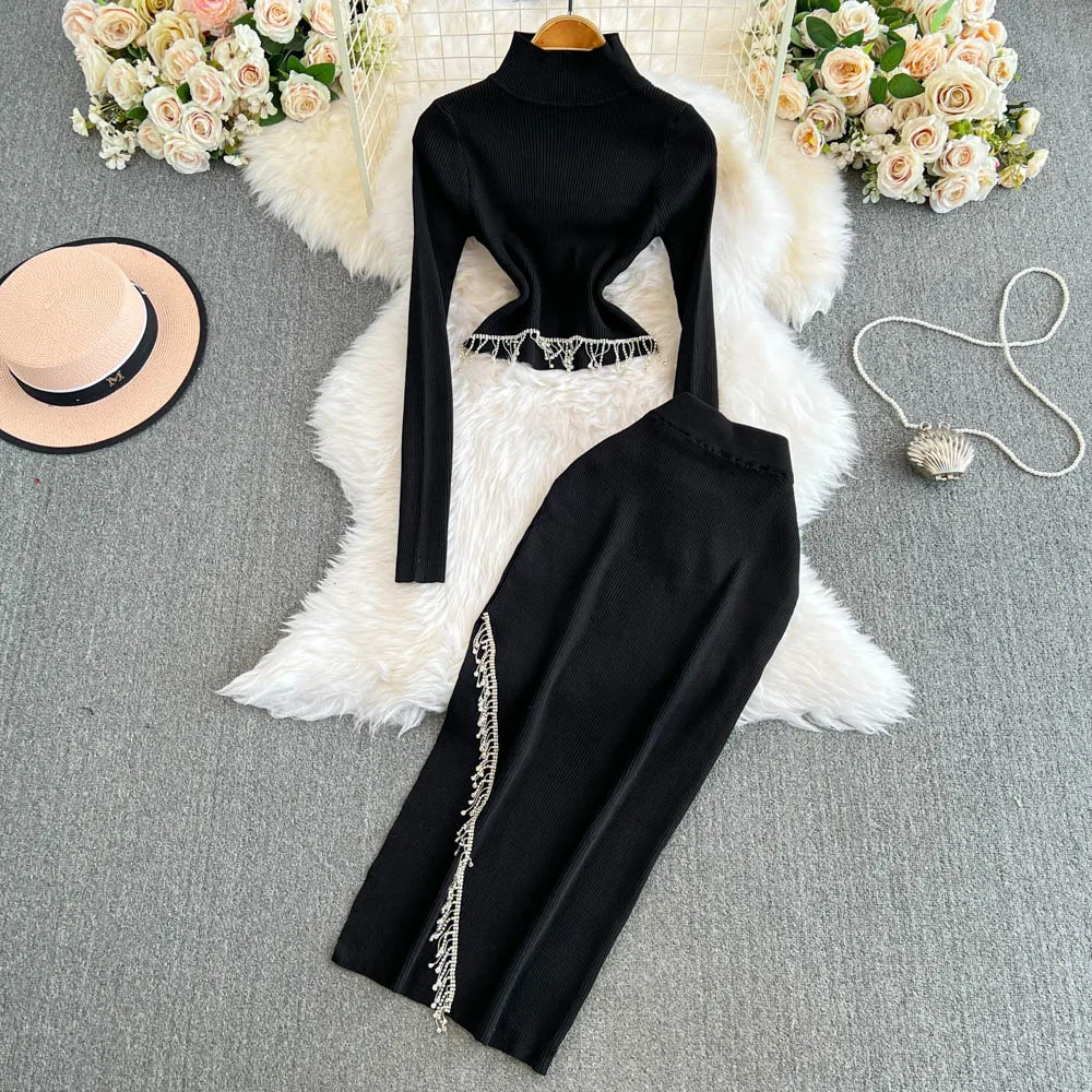 Neploe Vintage Turtleneck Moda Slim Short Sets Pullovers Knit High Waist Vent Bodycon Falda Chain Elasticity Minority Suit Skirt