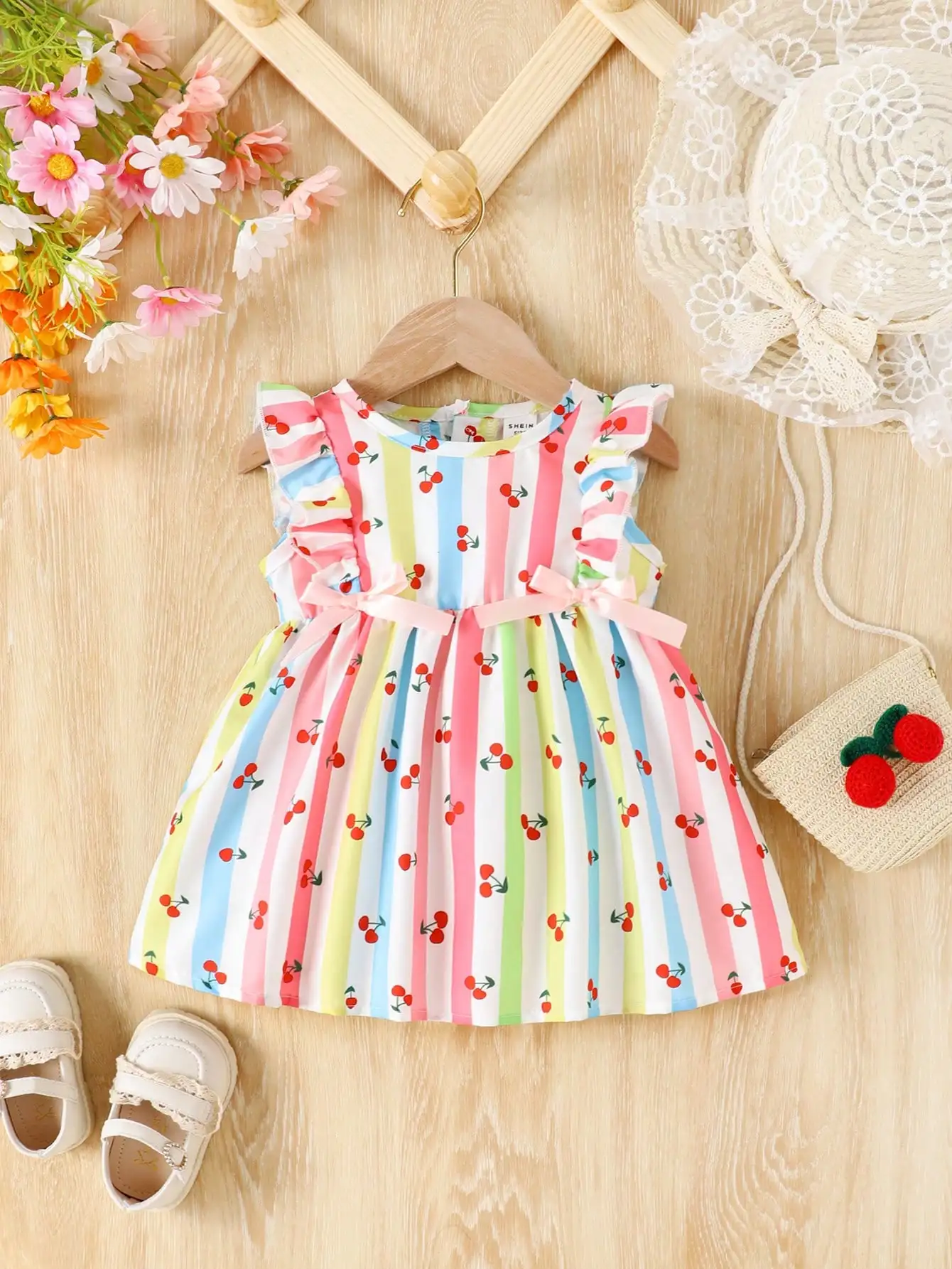 Summer baby girls casual breathable cute sweet cherry color striped print pink bow ribbon sleeveless dress