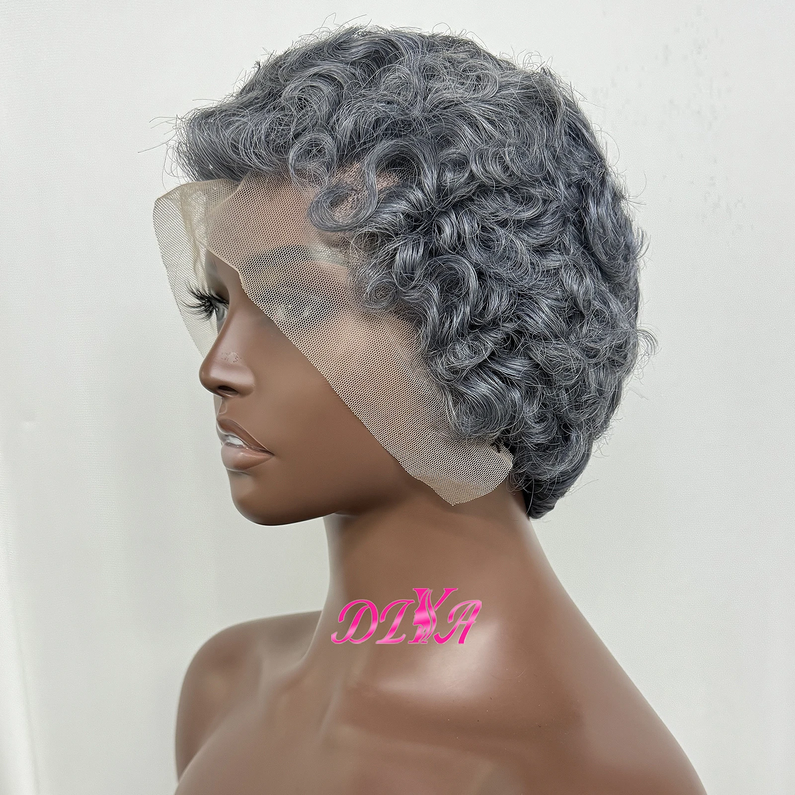 رمادي اللون عابث قطع مجعد موجة خصلات الشعر المستعار الإنسان 13x4 الدانتيل الشفاف الجبهة قصيرة الأفرو شعر بشري مجعد شعر مستعار للنساء السود