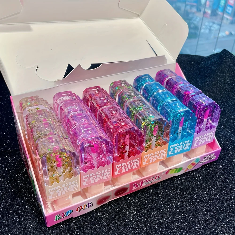 24 stücke Nette Katze Pailletten Lip Öl Liebe Form Farbwechsel Lip Gloss Mädchen Kawaii Natürliche Feuchtigkeitsspendende Lippen Make-Up Party geschenke