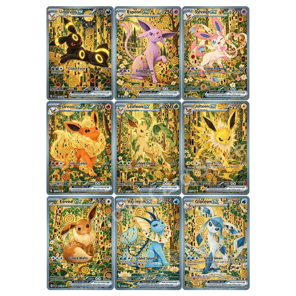 9Pcs/Set Eeveelution Golden Style Collection Eevee Flareon Espeon Umbreon Leafeon Sylveon DIY Fan-Art Collection Card Toy
