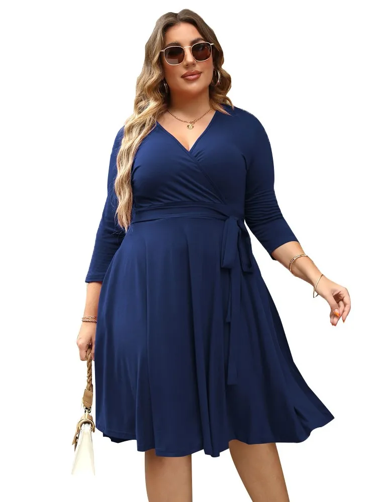 Plus Size letnia sukienka Midi damska z dekoltem w szpic elegancka, z falbanami sukienki damskie wysoka talia luźna plisowana kobieta sukienka