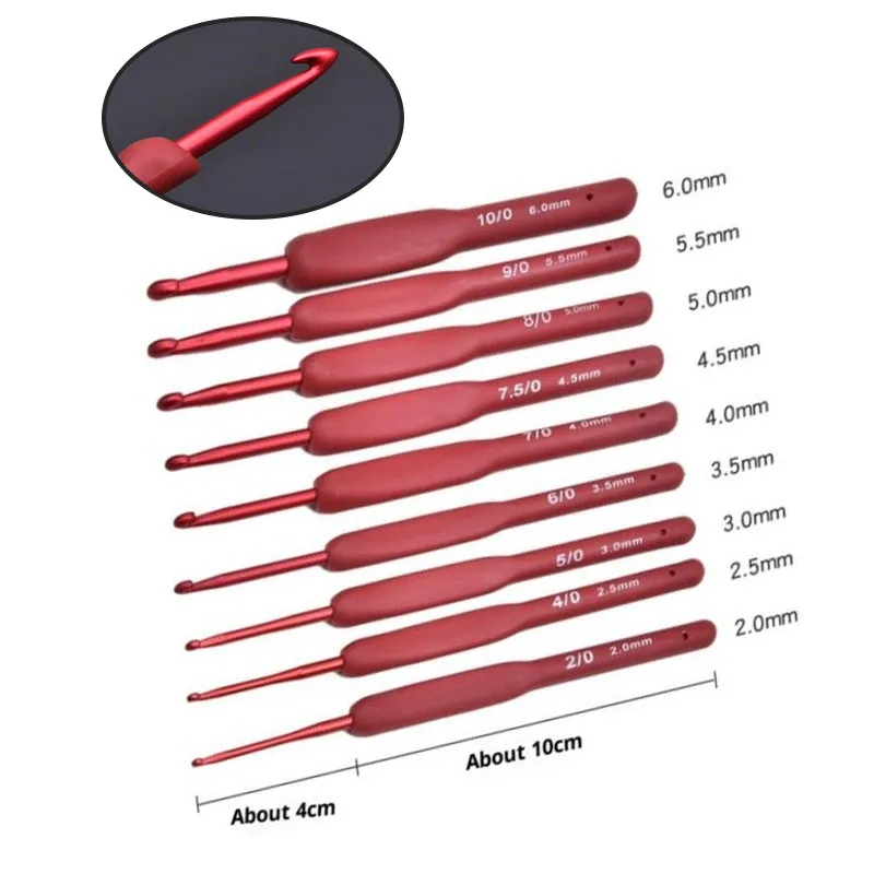 

Набор из 9 алюминиевых крючков для вязания красного цвета с эргономичной ручкой для рук с артритом, удлиненные спицы для начинающих и пряжи для вязания крючком