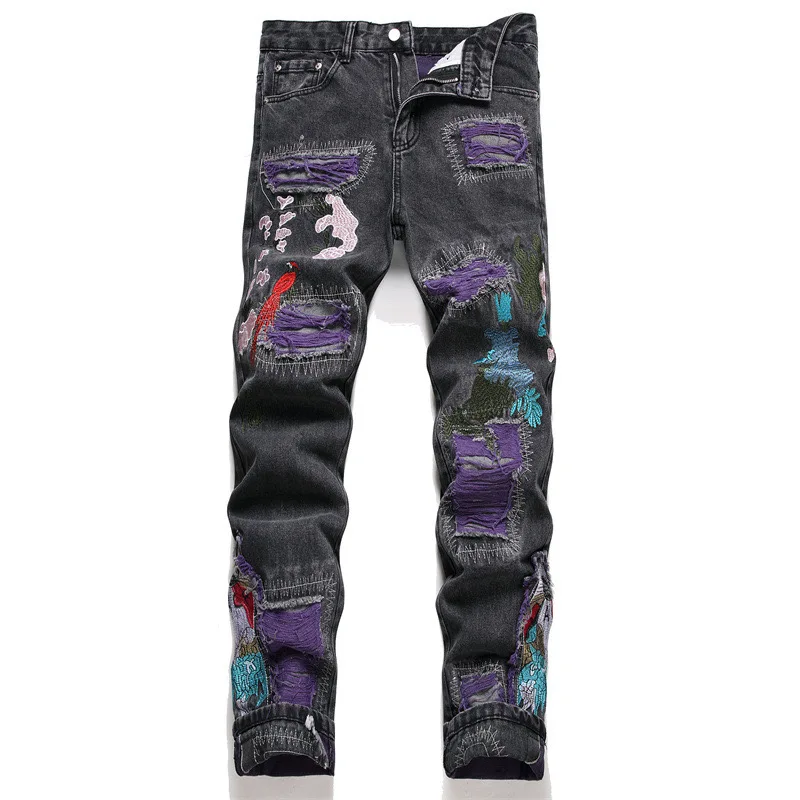 Warm Jeans Men\'s Skull Embroidery Large Pocket Graffiti Scratched High Elastic 3D English Zipper Slim Fit Pants Soft Cotton 2024