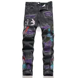 Pantalones vaqueros cálidos con bordado de calavera para hombre, Bolsillo grande, grafiti, rayado, alta elasticidad, 3D, cremallera en inglés, ajuste Delgado, algodón suave, 2024